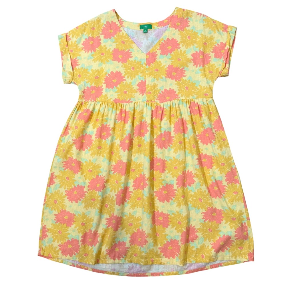 Bright Boho Retro Floral Babydoll Dress (M) Linen Viscose Cottagecore Artsy